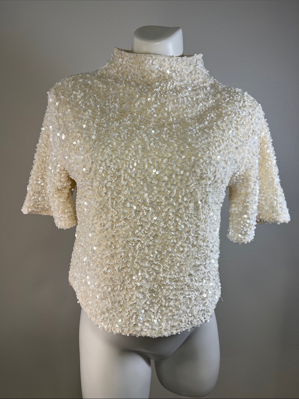 H&M Ivory Sequin Mock Neck Short Sleeve Top XS